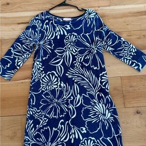 Lilly Pulitzer Floral Blue 100% Merino Wool Knit 3/4 Sleeve Sweater Dress Medium